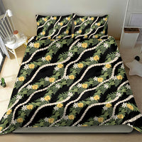 Hawaiian Pikake Maile Lei Bedding Set Tiare Hibiscus Kalo Palapalai Leaf Black LT19 - Polynesian Pride