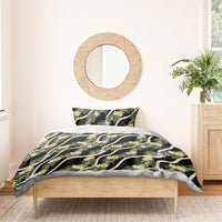 Hawaiian Pikake Maile Lei Bedding Set Tiare Hibiscus Kalo Palapalai Leaf Black LT19 - Polynesian Pride