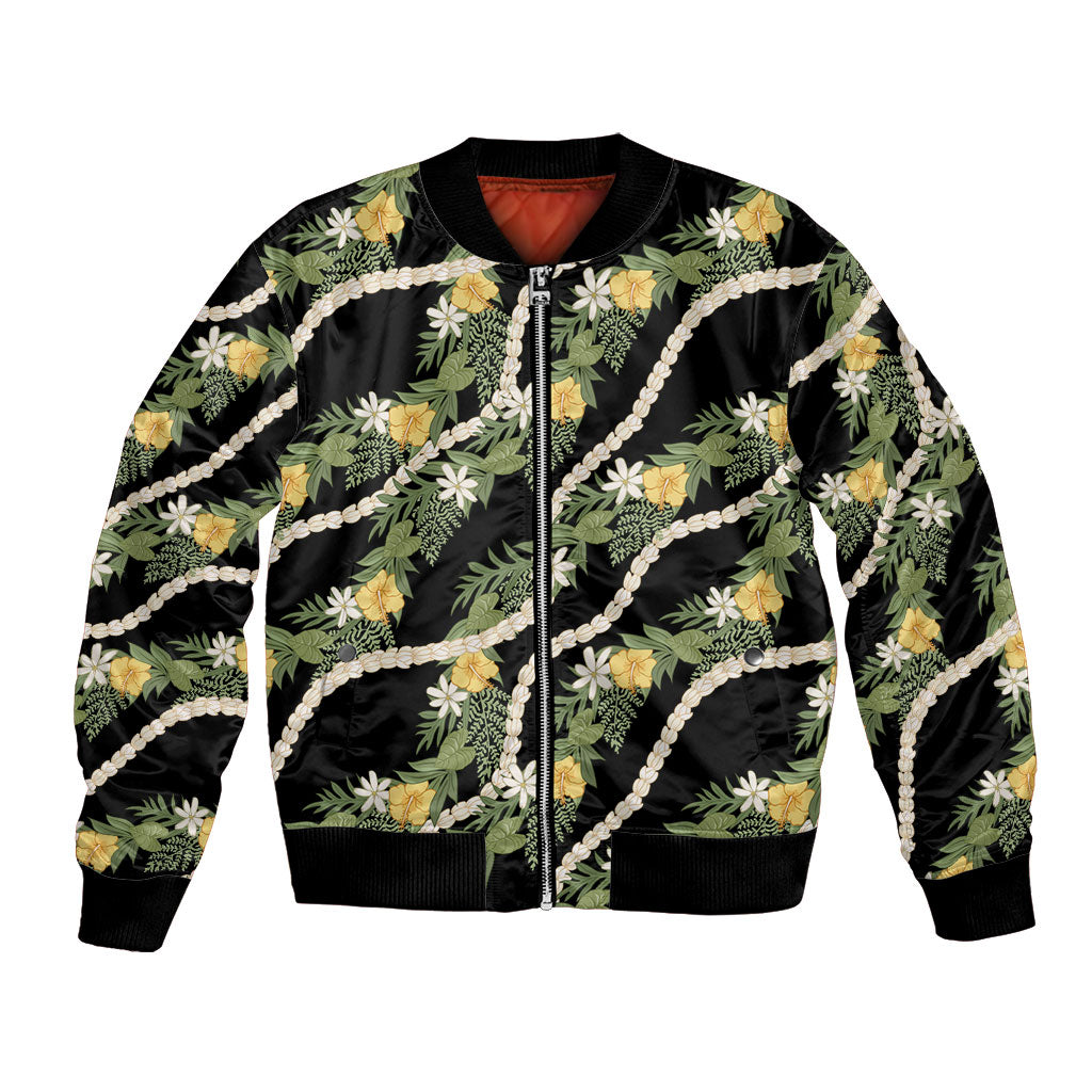 Hawaiian Pikake Maile Lei Bomber Jacket Tiare Hibiscus Kalo Palapalai Leaf Black