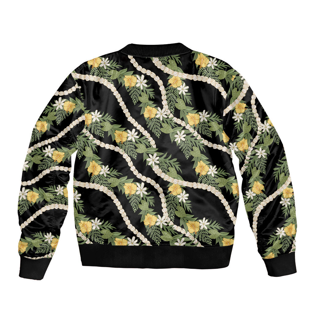 Hawaiian Pikake Maile Lei Bomber Jacket Tiare Hibiscus Kalo Palapalai Leaf Black LT19 - Polynesian Pride