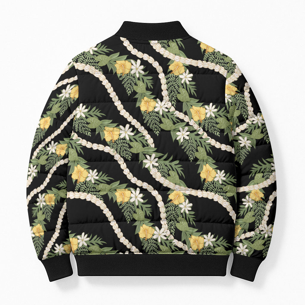 Hawaiian Pikake Maile Lei Bomber Puffer Jacket Tiare Hibiscus Kalo Palapalai Leaf Black