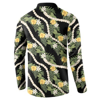 Hawaiian Pikake Maile Lei Button Sweatshirt Tiare Hibiscus Kalo Palapalai Leaf Black