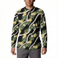 Hawaiian Pikake Maile Lei Button Sweatshirt Tiare Hibiscus Kalo Palapalai Leaf Black