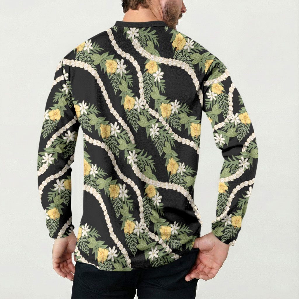 Hawaiian Pikake Maile Lei Button Sweatshirt Tiare Hibiscus Kalo Palapalai Leaf Black