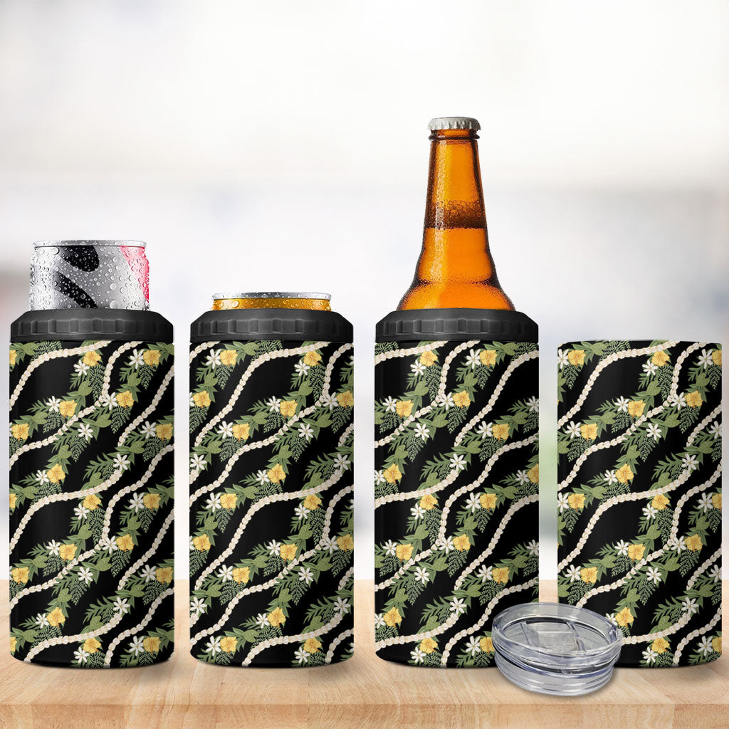 Hawaiian Pikake Maile Lei 4 in 1 Can Cooler Tumbler Tiare Hibiscus Kalo Palapalai Leaf Black LT19 - Polynesian Pride