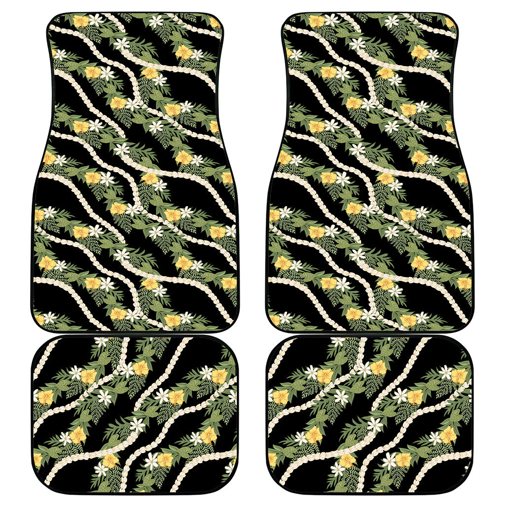 Hawaiian Pikake Maile Lei Car Mats Tiare Hibiscus Kalo Palapalai Leaf Black