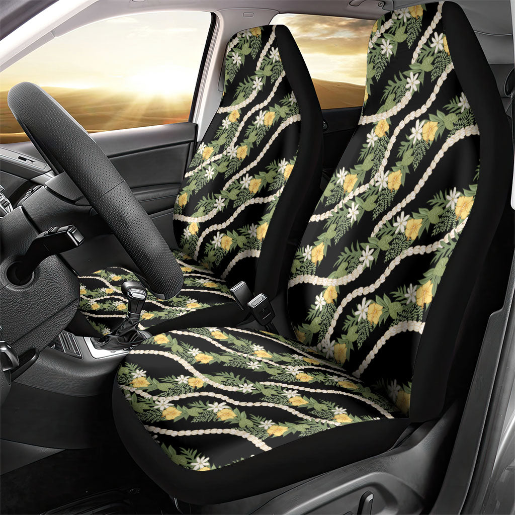 Hawaiian Pikake Maile Lei Car Seat Cover Tiare Hibiscus Kalo Palapalai Leaf Black LT19 - Polynesian Pride