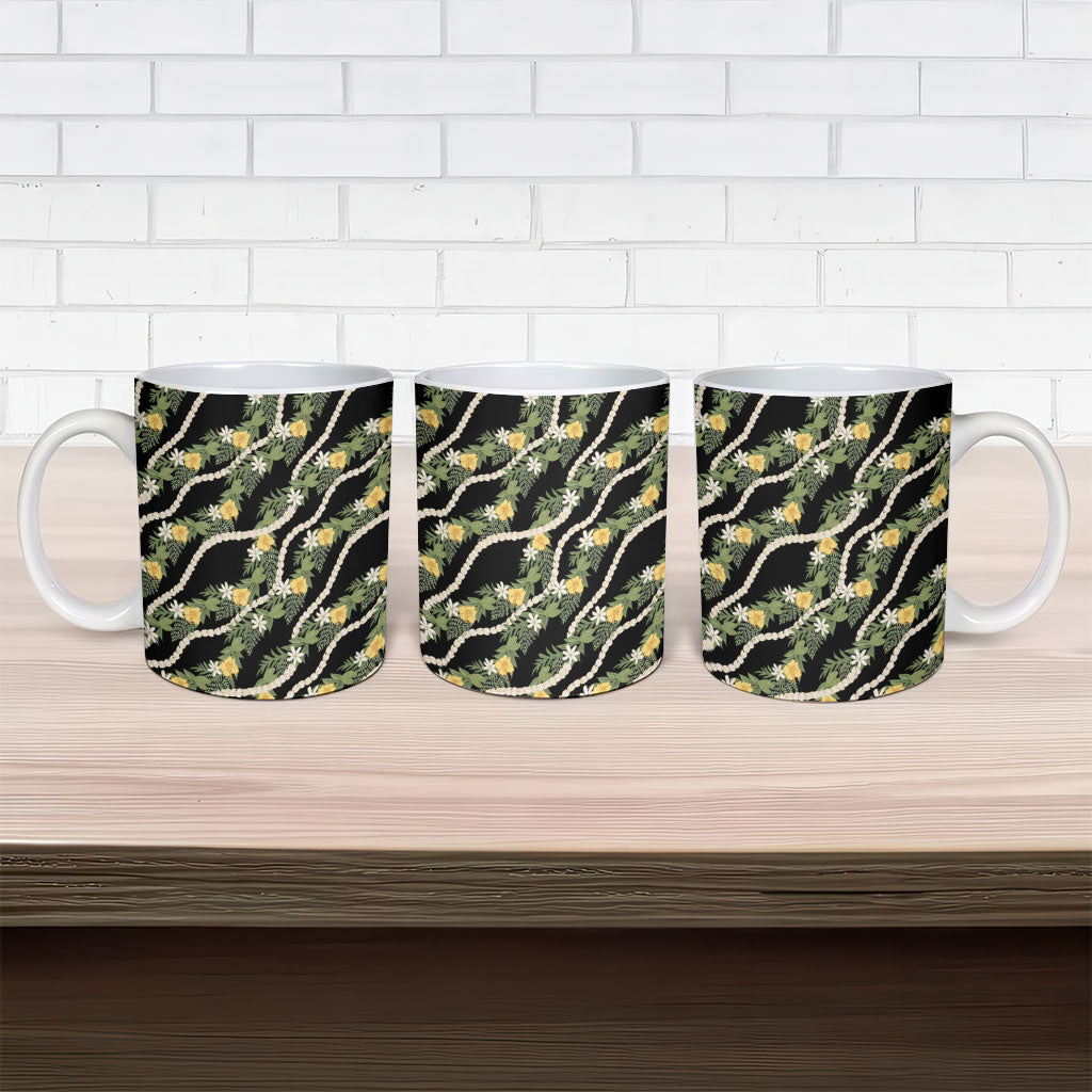 Hawaiian Pikake Maile Lei Ceramic Mug Tiare Hibiscus Kalo Palapalai Leaf Black