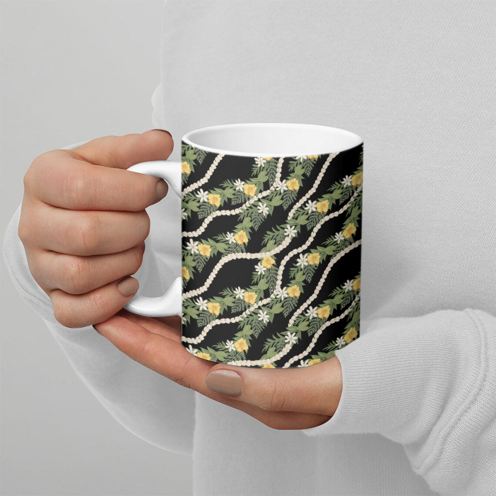 Hawaiian Pikake Maile Lei Ceramic Mug Tiare Hibiscus Kalo Palapalai Leaf Black