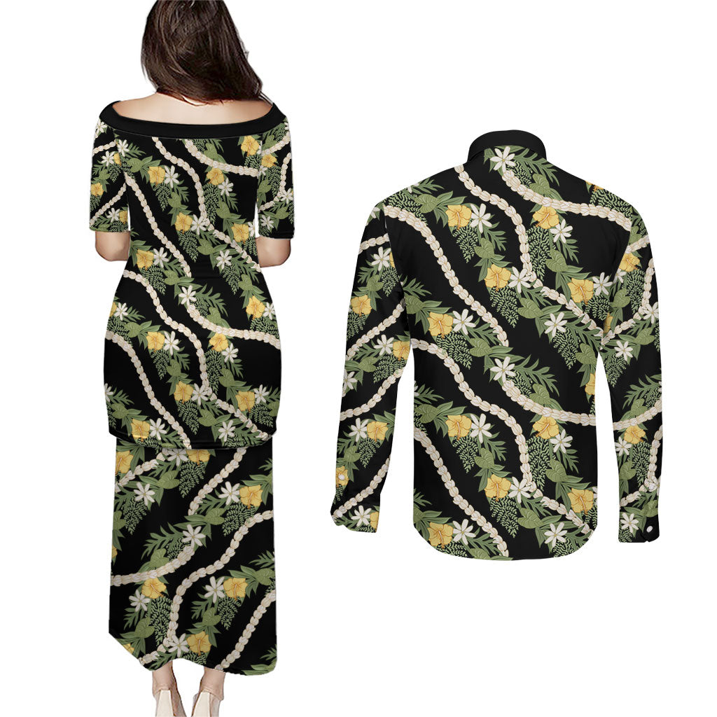 Hawaiian Pikake Maile Lei Couples Matching Puletasi and Long Sleeve Button Shirt Tiare Hibiscus Kalo Palapalai Leaf Black LT19 - Polynesian Pride