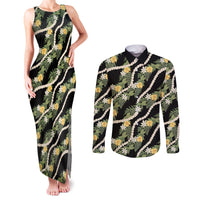 Hawaiian Pikake Maile Lei Couples Matching Tank Maxi Dress and Long Sleeve Button Shirt Tiare Hibiscus Kalo Palapalai Leaf Black