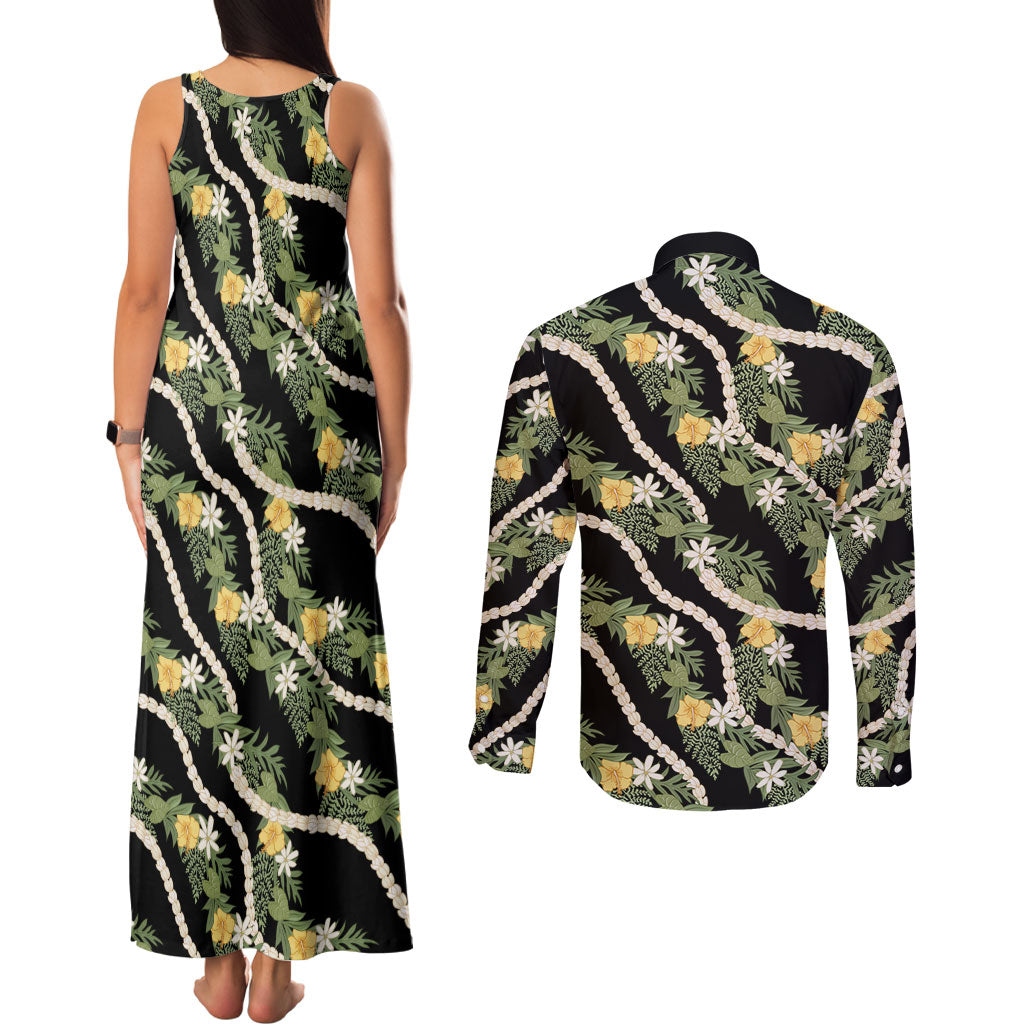 Hawaiian Pikake Maile Lei Couples Matching Tank Maxi Dress and Long Sleeve Button Shirt Tiare Hibiscus Kalo Palapalai Leaf Black