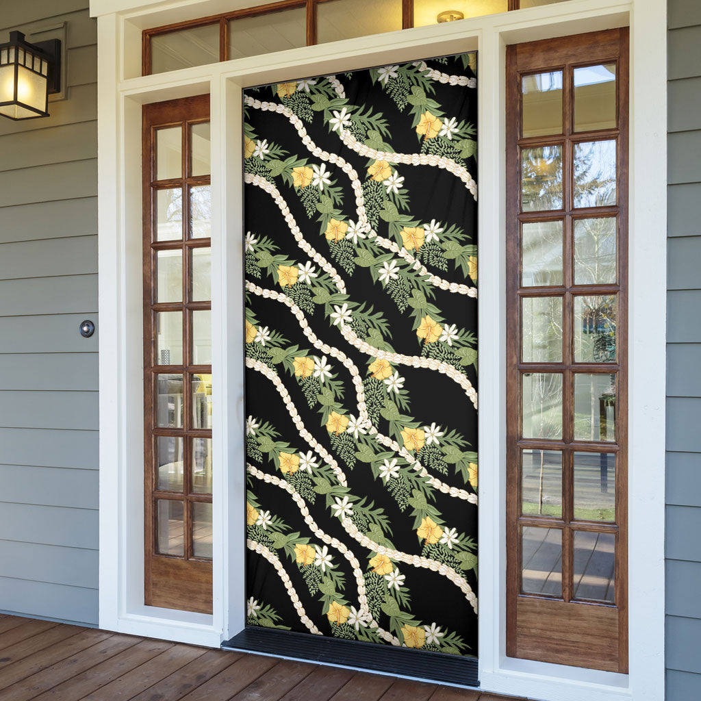 Hawaiian Pikake Maile Lei Door Cover Tiare Hibiscus Kalo Palapalai Leaf Black LT19 - Polynesian Pride