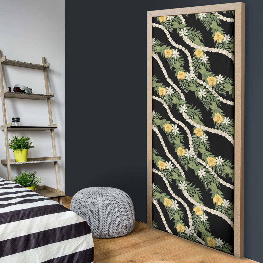 Hawaiian Pikake Maile Lei Door Cover Tiare Hibiscus Kalo Palapalai Leaf Black LT19 - Polynesian Pride