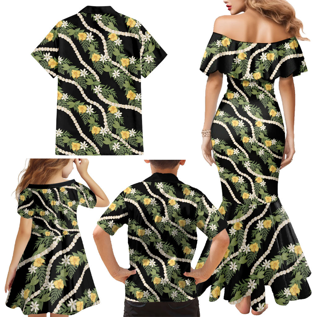 Hawaiian Pikake Maile Lei Family Matching Mermaid Dress and Hawaiian Shirt Tiare Hibiscus Kalo Palapalai Leaf Black LT19 - Polynesian Pride