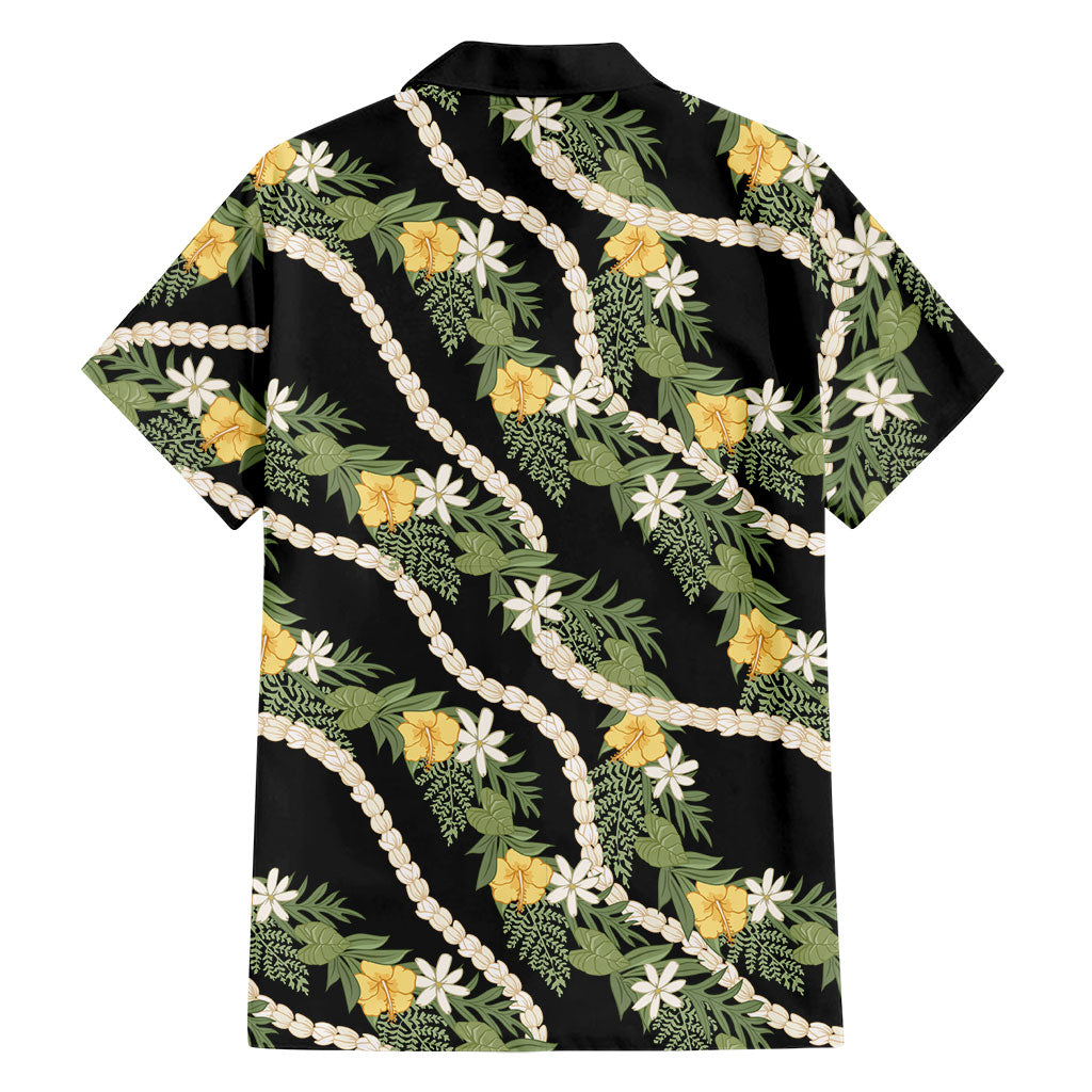 Hawaiian Pikake Maile Lei Family Matching Off Shoulder Maxi Dress and Hawaiian Shirt Tiare Hibiscus Kalo Palapalai Leaf Black LT19 - Polynesian Pride