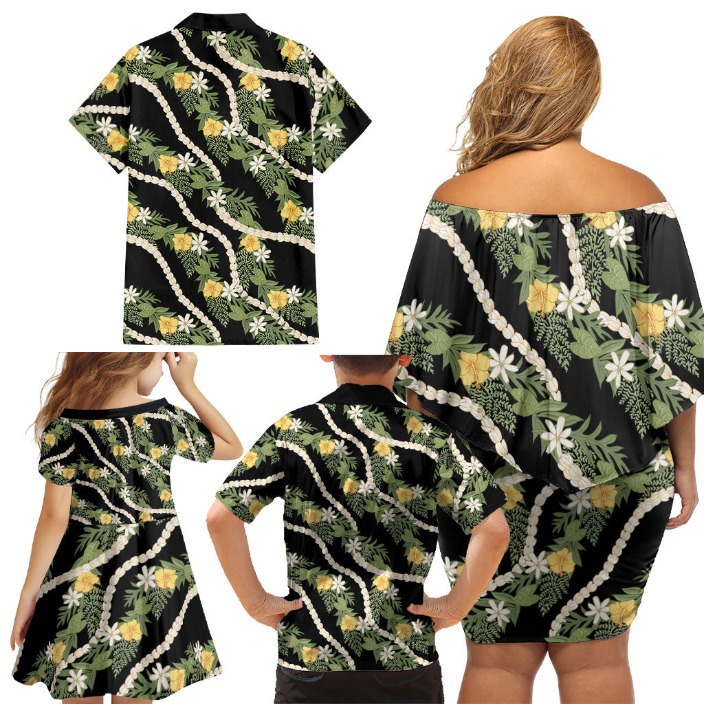 Hawaiian Pikake Maile Lei Family Matching Off Shoulder Short Dress and Hawaiian Shirt Tiare Hibiscus Kalo Palapalai Leaf Black LT19 - Polynesian Pride