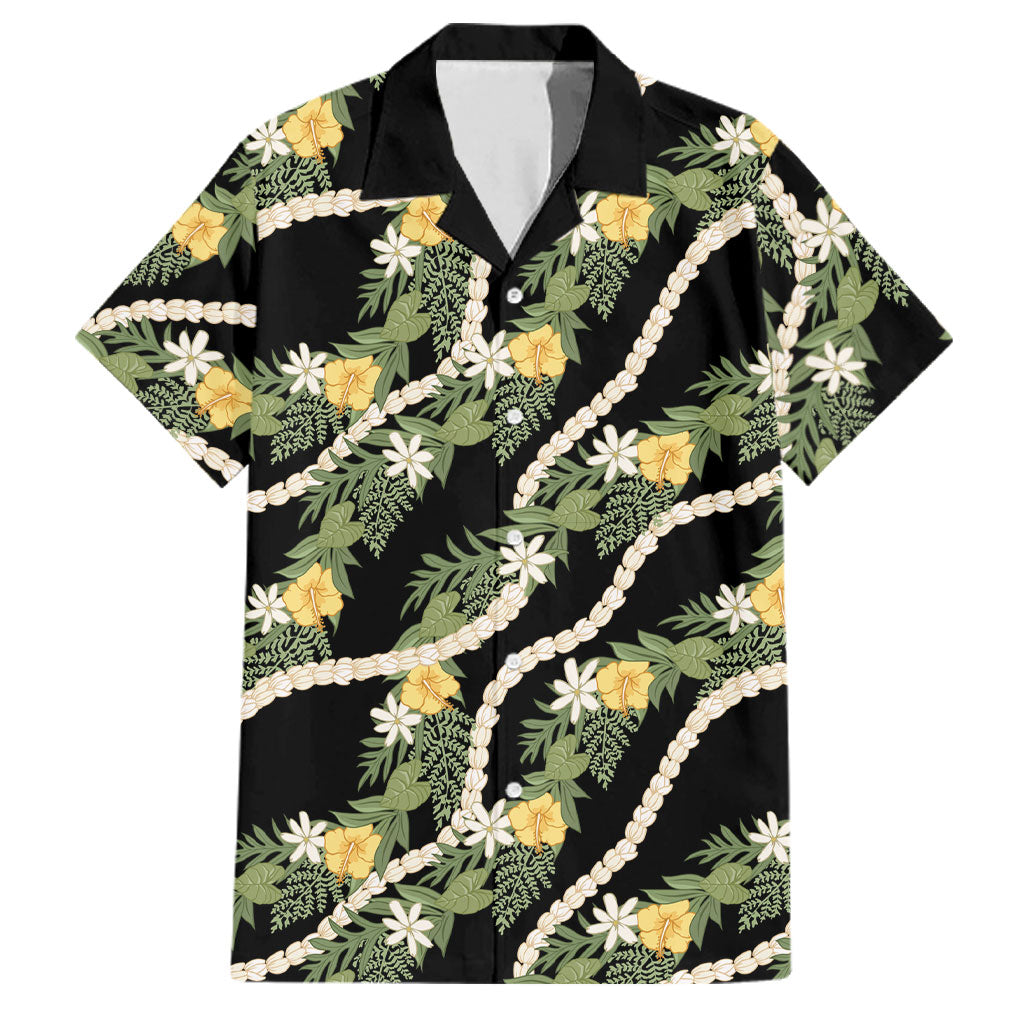 Hawaiian Pikake Maile Lei Family Matching Off Shoulder Short Dress and Hawaiian Shirt Tiare Hibiscus Kalo Palapalai Leaf Black LT19 Dad's Shirt - Short Sleeve Black - Polynesian Pride