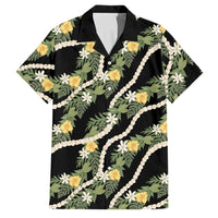 Hawaiian Pikake Maile Lei Family Matching Off Shoulder Short Dress and Hawaiian Shirt Tiare Hibiscus Kalo Palapalai Leaf Black LT19 Dad's Shirt - Short Sleeve Black - Polynesian Pride