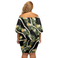 Hawaiian Pikake Maile Lei Family Matching Off Shoulder Short Dress and Hawaiian Shirt Tiare Hibiscus Kalo Palapalai Leaf Black LT19 - Polynesian Pride