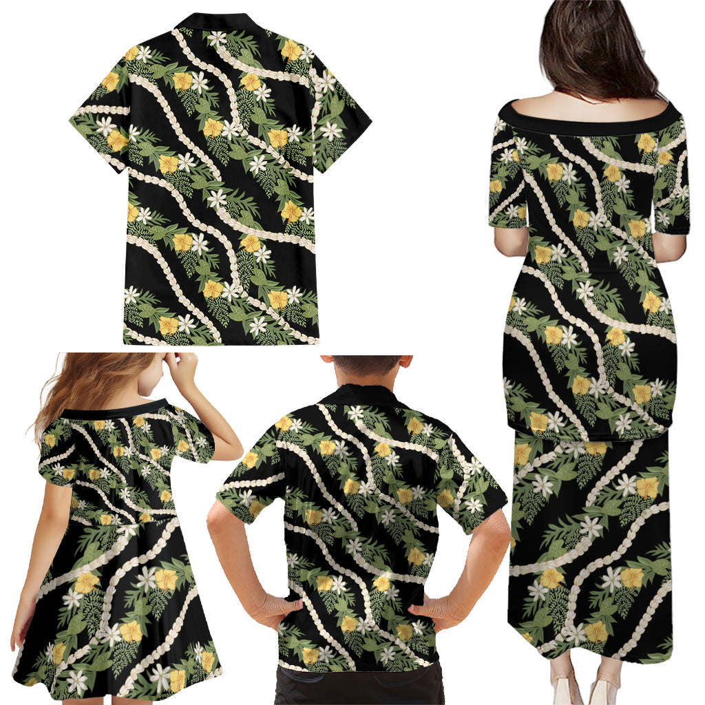 Hawaiian Pikake Maile Lei Family Matching Puletasi and Hawaiian Shirt Tiare Hibiscus Kalo Palapalai Leaf Black LT19 - Polynesian Pride