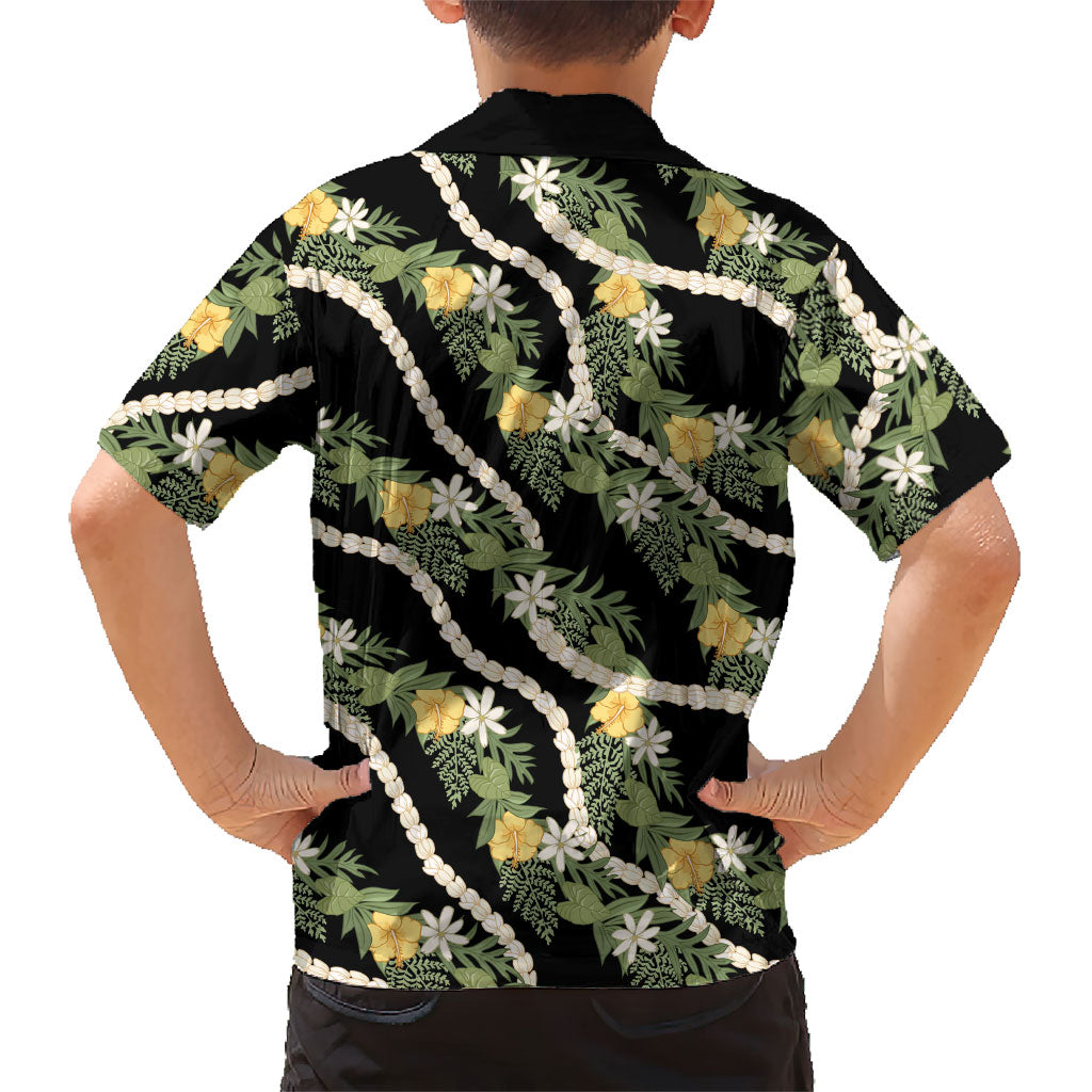 Hawaiian Pikake Maile Lei Family Matching Summer Maxi Dress and Hawaiian Shirt Tiare Hibiscus Kalo Palapalai Leaf Black LT19 - Polynesian Pride