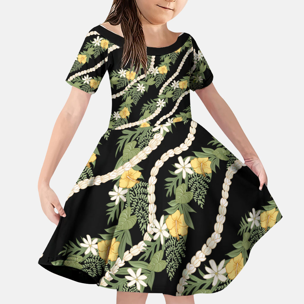 Hawaiian Pikake Maile Lei Family Matching Summer Maxi Dress and Hawaiian Shirt Tiare Hibiscus Kalo Palapalai Leaf Black LT19 Daughter's Dress Black - Polynesian Pride
