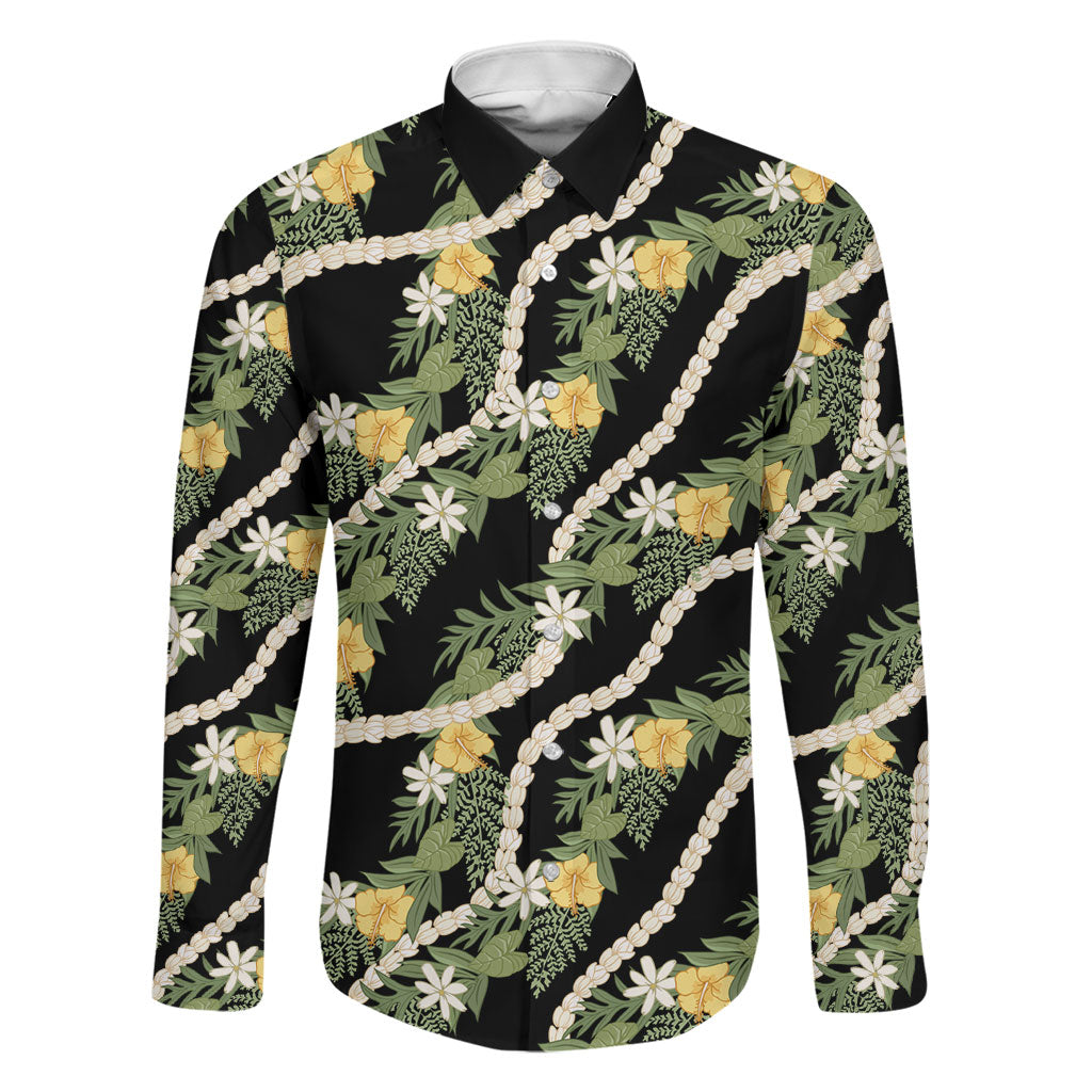 Hawaiian Pikake Maile Lei Family Matching Tank Maxi Dress and Hawaiian Shirt Tiare Hibiscus Kalo Palapalai Leaf Black LT19 Dad's Shirt - Long Sleeve Black - Polynesian Pride