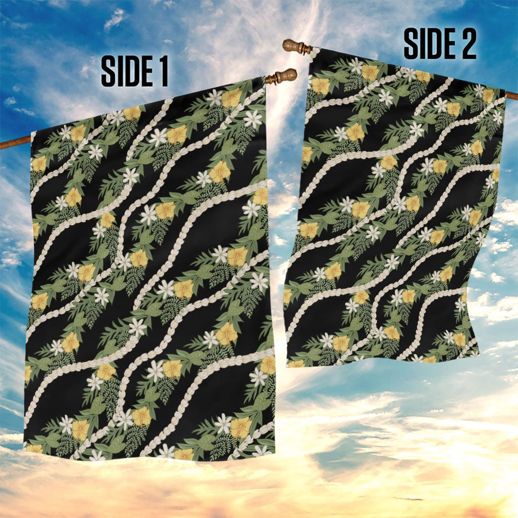 Hawaiian Pikake Maile Lei Garden Flag Tiare Hibiscus Kalo Palapalai Leaf Black LT19 - Polynesian Pride