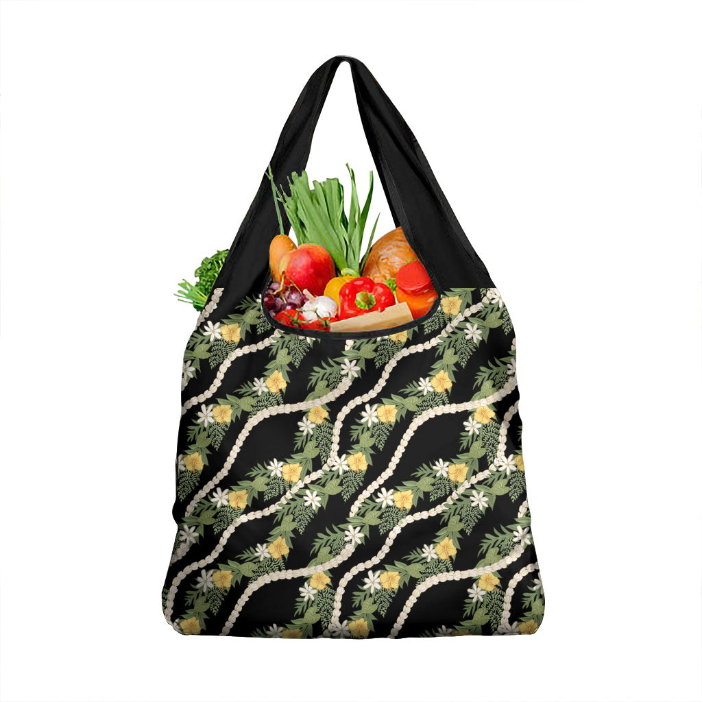 Hawaiian Pikake Maile Lei Grocery Bag Tiare Hibiscus Kalo Palapalai Leaf Black LT19 1-pack One Size Black - Polynesian Pride