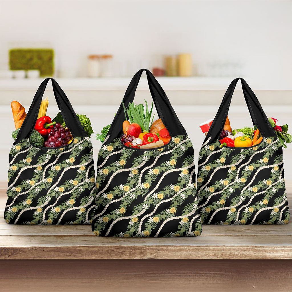Hawaiian Pikake Maile Lei Grocery Bag Tiare Hibiscus Kalo Palapalai Leaf Black LT19 3-pack One Size Black - Polynesian Pride