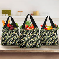 Hawaiian Pikake Maile Lei Grocery Bag Tiare Hibiscus Kalo Palapalai Leaf Black LT19 3-pack One Size Black - Polynesian Pride
