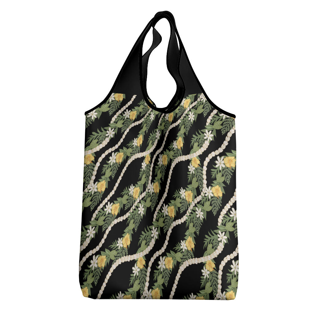 Hawaiian Pikake Maile Lei Grocery Bag Tiare Hibiscus Kalo Palapalai Leaf Black LT19 - Polynesian Pride