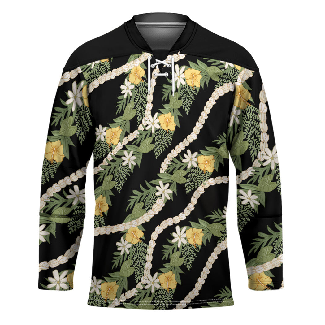 Hawaiian Pikake Maile Lei Hockey Jersey Tiare Hibiscus Kalo Palapalai Leaf Black LT19 Unisex Black - Polynesian Pride
