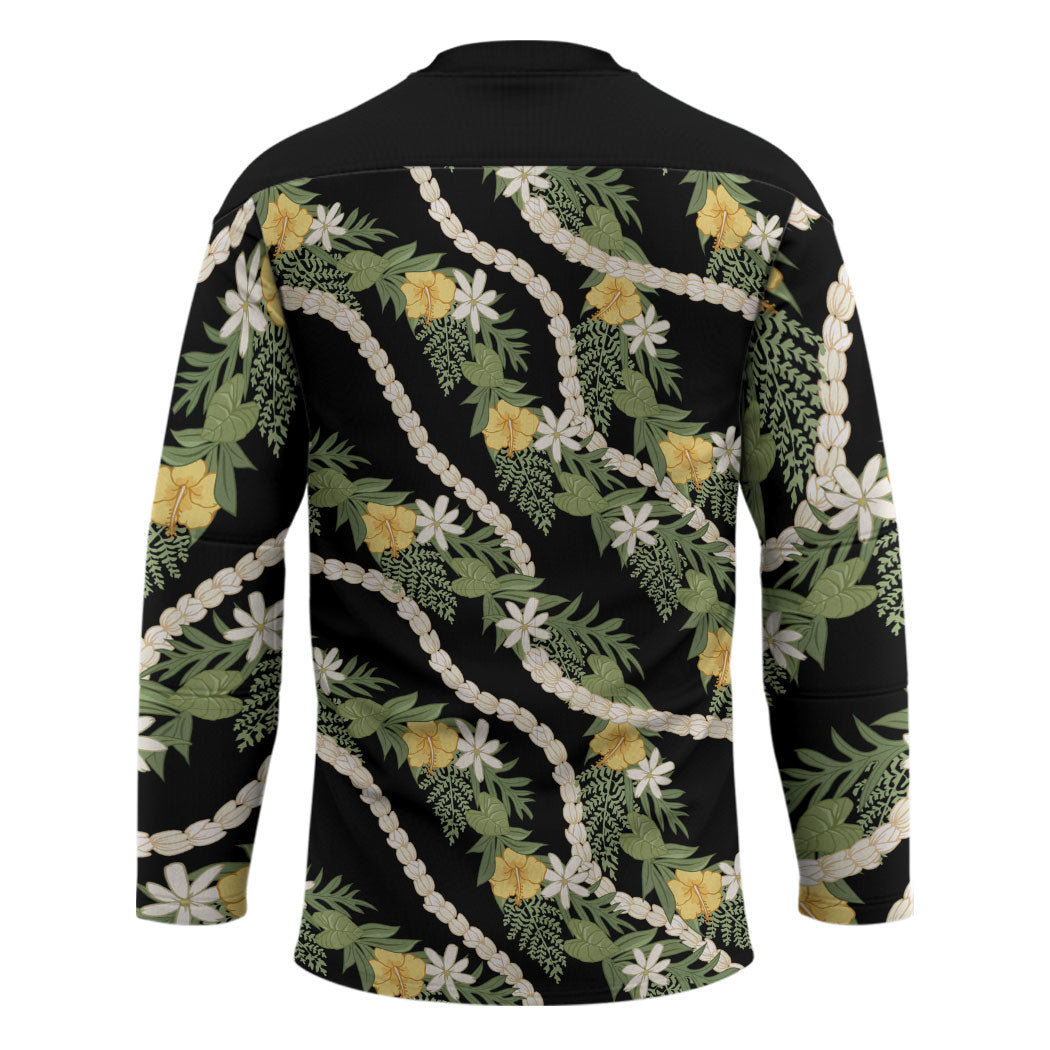 Hawaiian Pikake Maile Lei Hockey Jersey Tiare Hibiscus Kalo Palapalai Leaf Black LT19 - Polynesian Pride