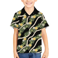 Hawaiian Pikake Maile Lei Kid Hawaiian Shirt Tiare Hibiscus Kalo Palapalai Leaf Black LT19 Kid Black - Polynesian Pride