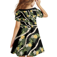 Hawaiian Pikake Maile Lei Kid Short Sleeve Dress Tiare Hibiscus Kalo Palapalai Leaf Black LT19 - Polynesian Pride