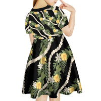 Hawaiian Pikake Maile Lei Kid Short Sleeve Dress Tiare Hibiscus Kalo Palapalai Leaf Black LT19 - Polynesian Pride