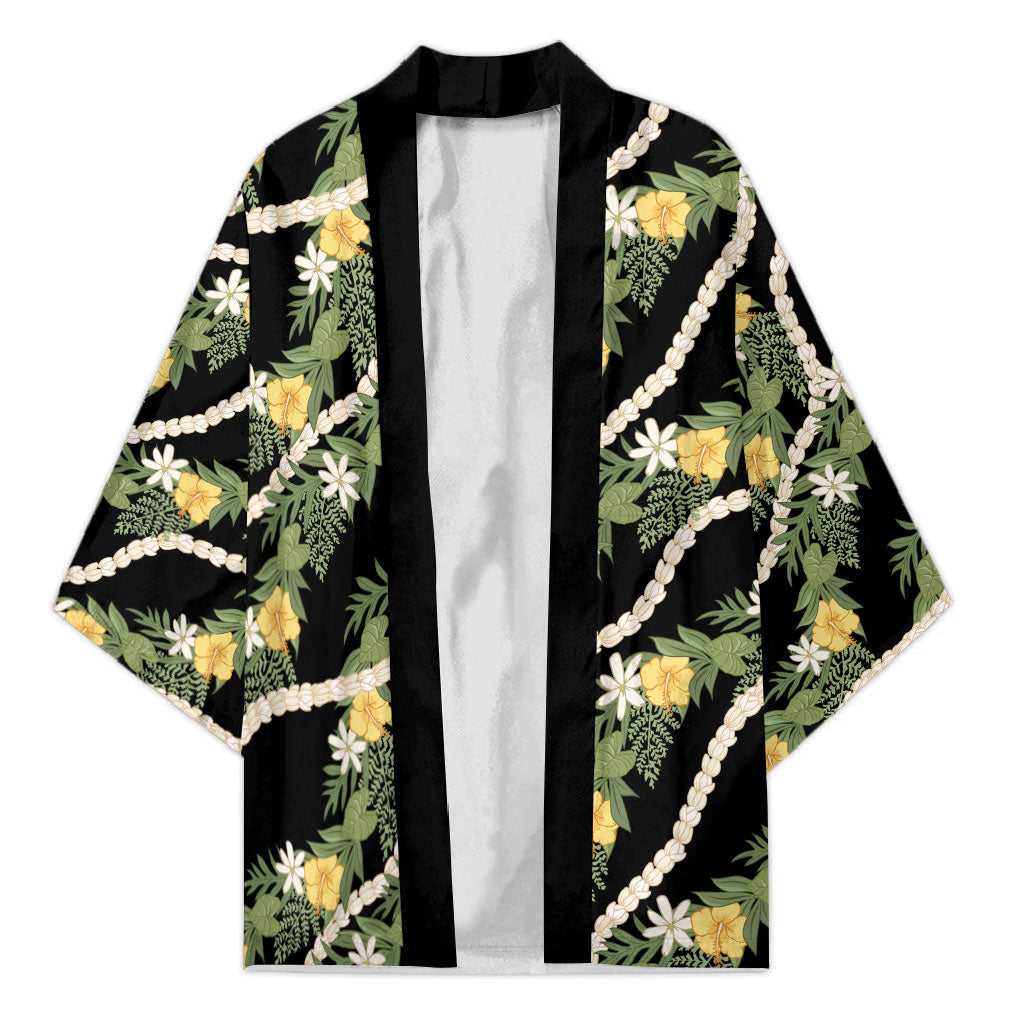 Hawaiian Pikake Maile Lei Kimono Tiare Hibiscus Kalo Palapalai Leaf Black LT19 Unisex Black - Polynesian Pride