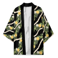 Hawaiian Pikake Maile Lei Kimono Tiare Hibiscus Kalo Palapalai Leaf Black