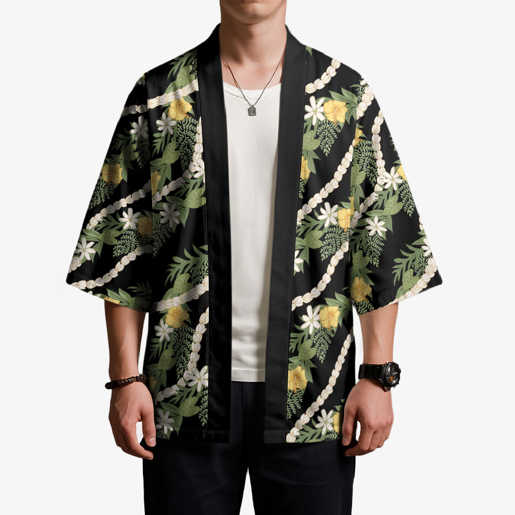 Hawaiian Pikake Maile Lei Kimono Tiare Hibiscus Kalo Palapalai Leaf Black