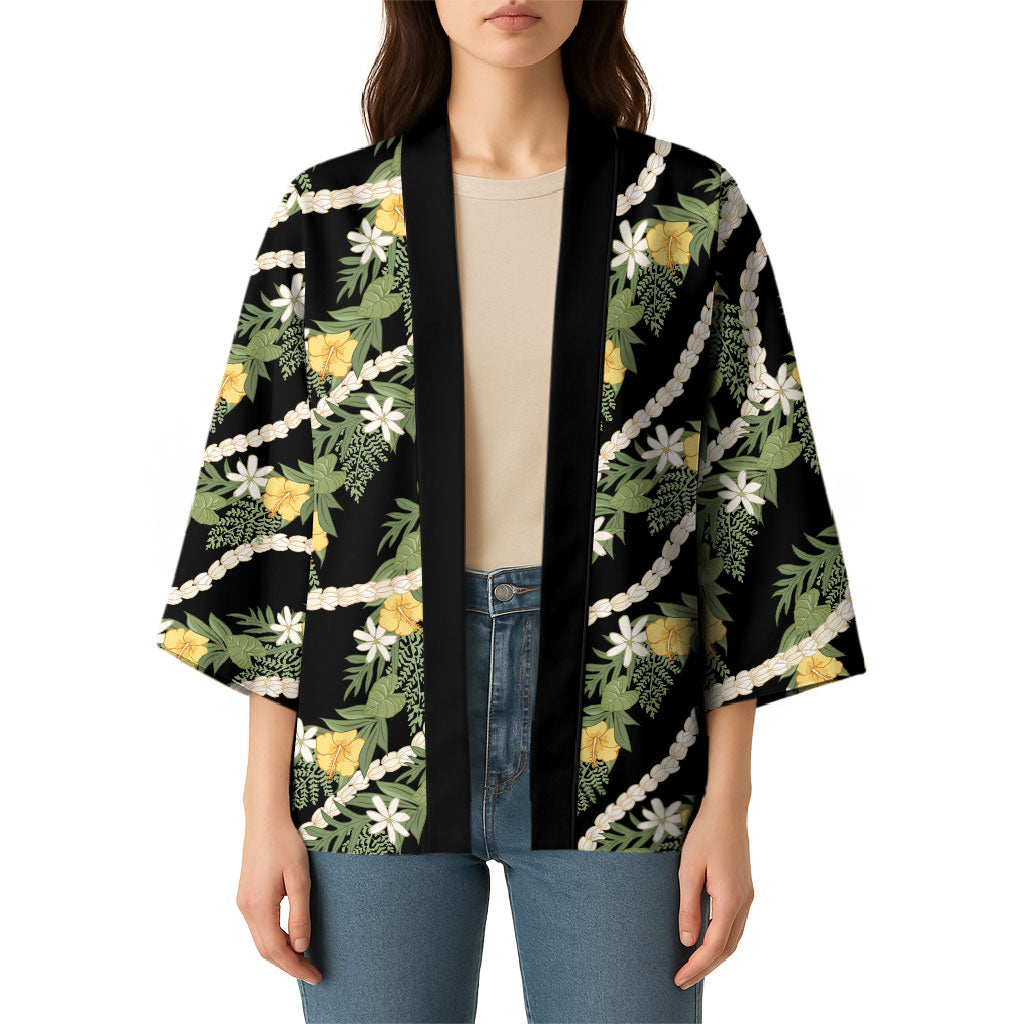 Hawaiian Pikake Maile Lei Kimono Tiare Hibiscus Kalo Palapalai Leaf Black