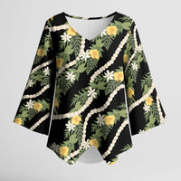Hawaiian Pikake Maile Lei Kimono Sleeve Blouse Tiare Hibiscus Kalo Palapalai Leaf Black LT19 Female Black - Polynesian Pride