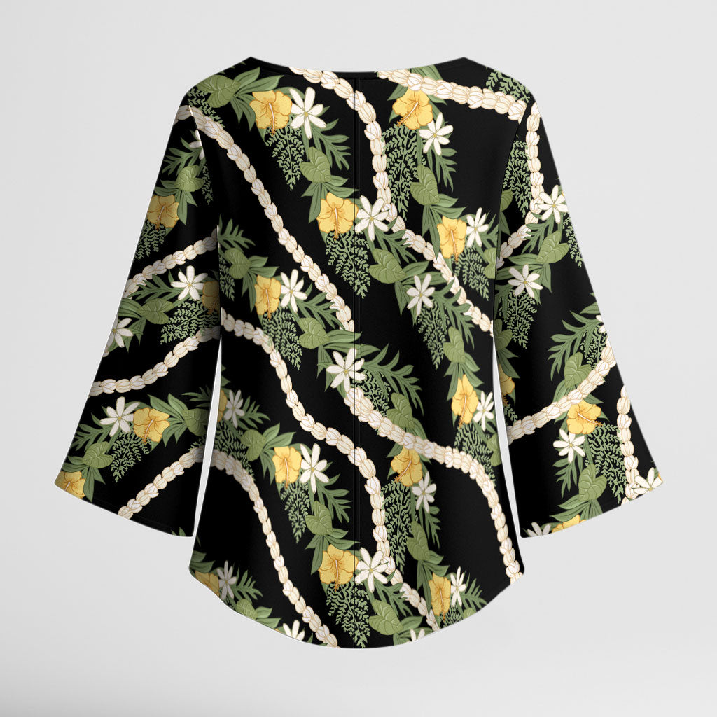 Hawaiian Pikake Maile Lei Kimono Sleeve Blouse Tiare Hibiscus Kalo Palapalai Leaf Black LT19 - Polynesian Pride