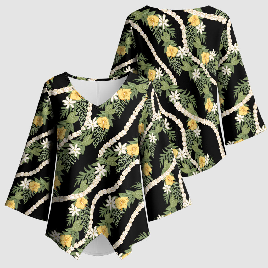 Hawaiian Pikake Maile Lei Kimono Sleeve Blouse Tiare Hibiscus Kalo Palapalai Leaf Black LT19 - Polynesian Pride