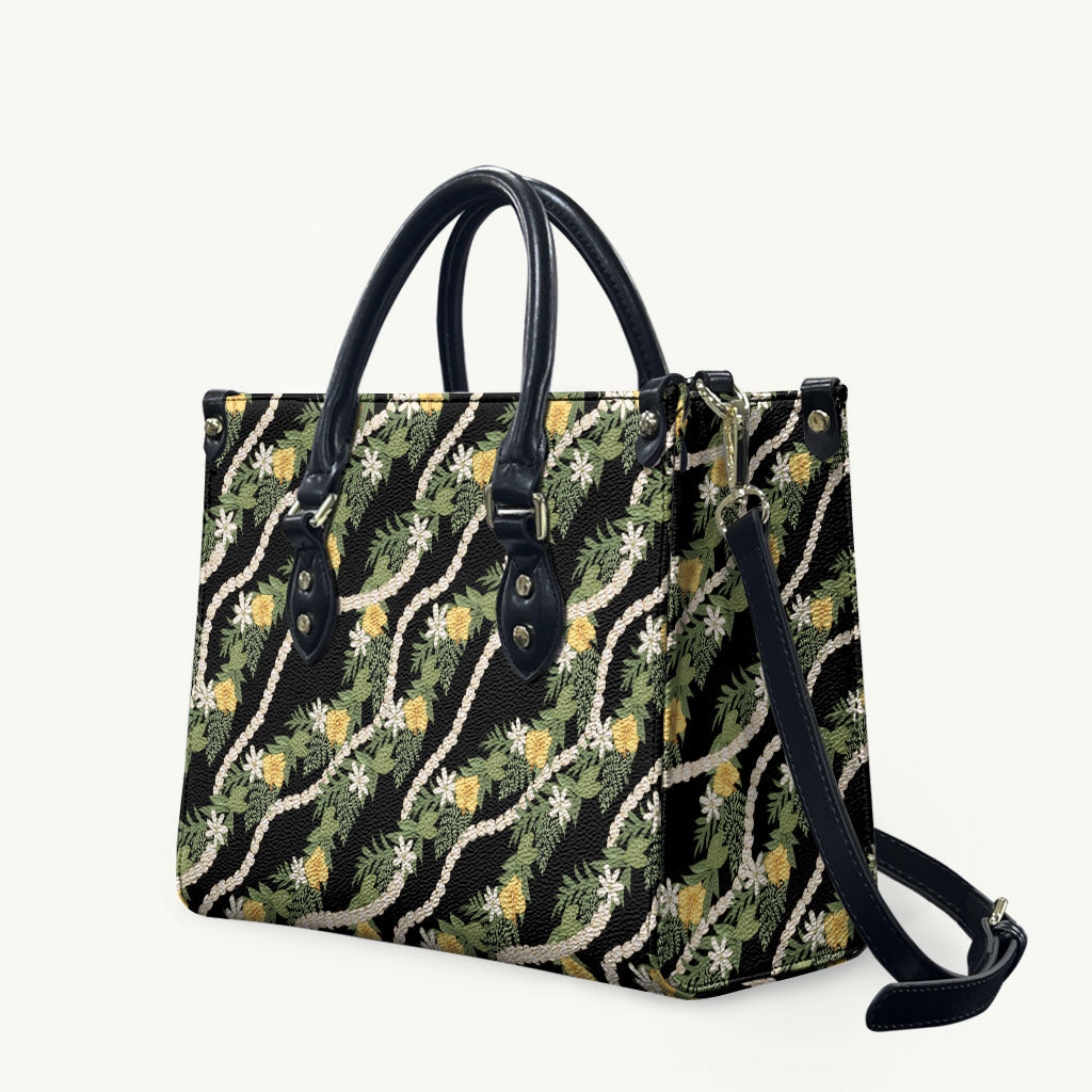 Hawaiian Pikake Maile Lei Leather Bag Tiare Hibiscus Kalo Palapalai Leaf Black LT19 Black - Polynesian Pride