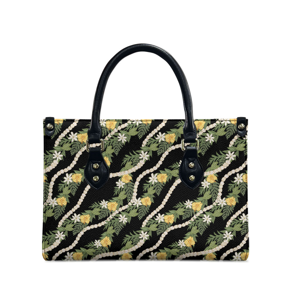 Hawaiian Pikake Maile Lei Leather Bag Tiare Hibiscus Kalo Palapalai Leaf Black