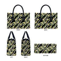 Hawaiian Pikake Maile Lei Leather Bag Tiare Hibiscus Kalo Palapalai Leaf Black