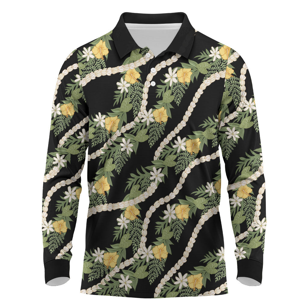 Hawaiian Pikake Maile Lei Long Sleeve Polo Shirt Tiare Hibiscus Kalo Palapalai Leaf Black LT19 Black - Polynesian Pride
