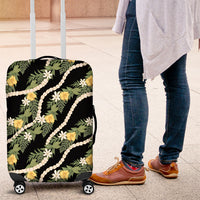 Hawaiian Pikake Maile Lei Luggage Cover Tiare Hibiscus Kalo Palapalai Leaf Black LT19 Black - Polynesian Pride